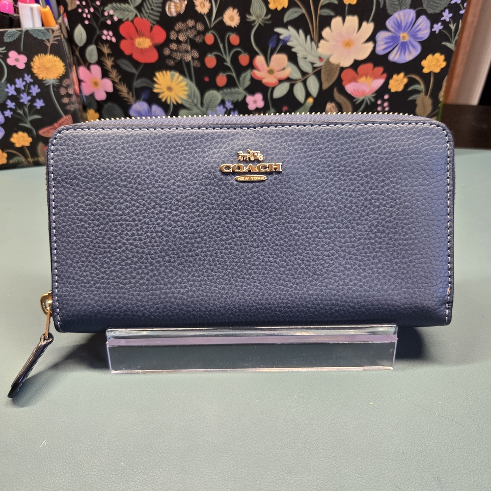 COACH Pebble Leather Zip Acordian Continental Wallet Blue - Picture 3 of 12